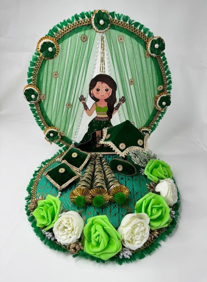 Sketchfab Mehndi Function Decorative Platter | Handmade Green & Gold Mehndi Thali with Doll Cutout, Floral Design & Decor Props | Bride-to-Be Mehndi & Haldi Ceremony Decoration Tray - Image 1